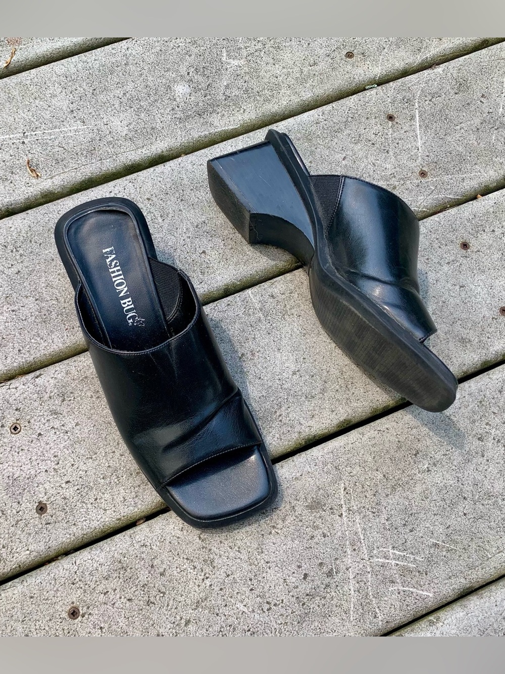 Vintage 90s Platform Slide Sandal | Black Leather Slip On Sandals